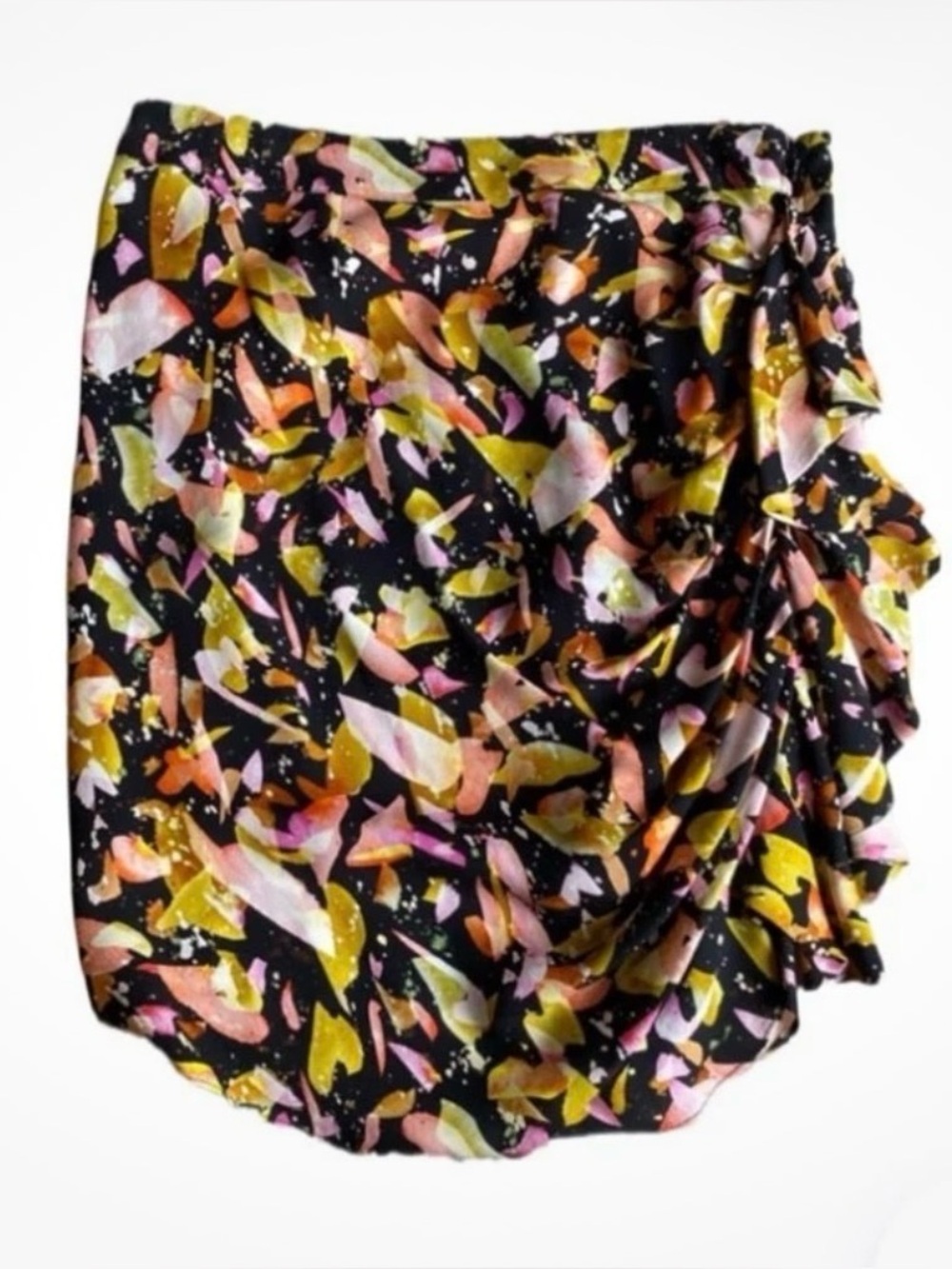 Marie Oliver Silk Abstract Print Ruched Skirt Size 6 Side Zip Lined Black Multi